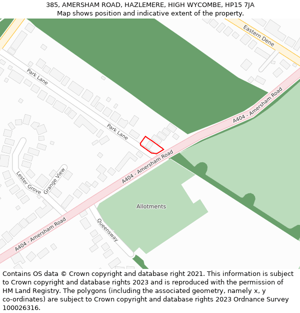 385, AMERSHAM ROAD, HAZLEMERE, HIGH WYCOMBE, HP15 7JA: Location map and indicative extent of plot