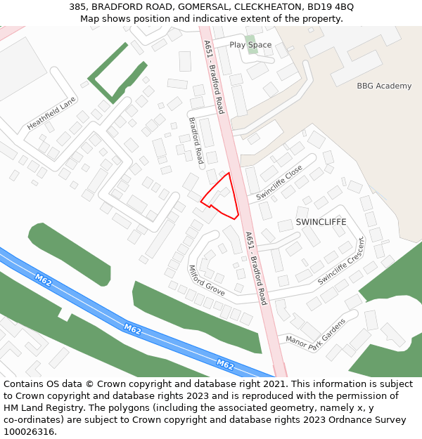 385, BRADFORD ROAD, GOMERSAL, CLECKHEATON, BD19 4BQ: Location map and indicative extent of plot