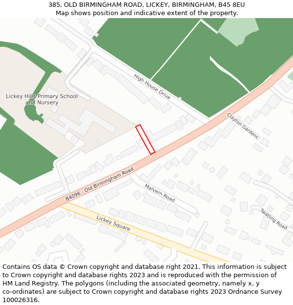 385, OLD BIRMINGHAM ROAD, LICKEY, BIRMINGHAM, B45 8EU: Location map and indicative extent of plot