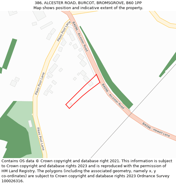 386, ALCESTER ROAD, BURCOT, BROMSGROVE, B60 1PP: Location map and indicative extent of plot