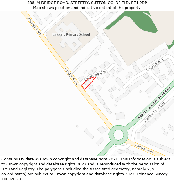 386, ALDRIDGE ROAD, STREETLY, SUTTON COLDFIELD, B74 2DP: Location map and indicative extent of plot