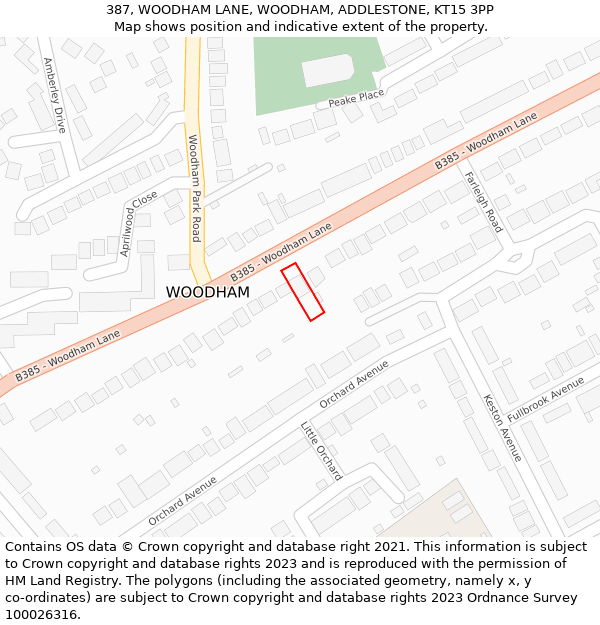 387, WOODHAM LANE, WOODHAM, ADDLESTONE, KT15 3PP: Location map and indicative extent of plot