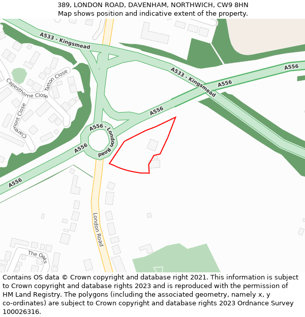 389, LONDON ROAD, DAVENHAM, NORTHWICH, CW9 8HN: Location map and indicative extent of plot