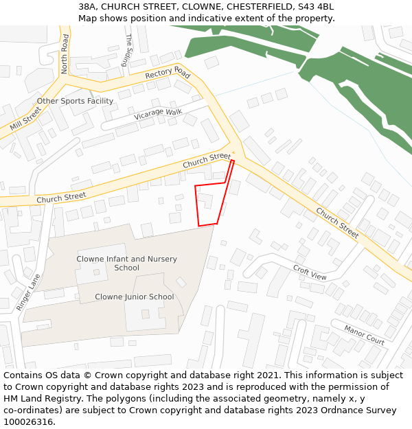 38A, CHURCH STREET, CLOWNE, CHESTERFIELD, S43 4BL: Location map and indicative extent of plot