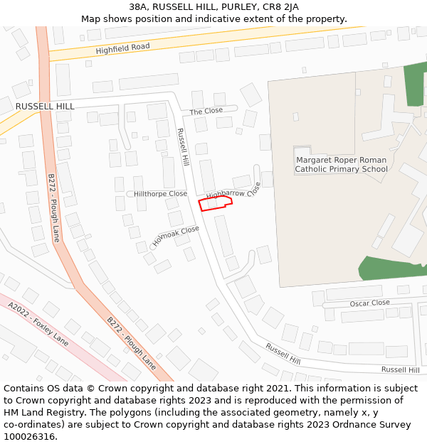 38A, RUSSELL HILL, PURLEY, CR8 2JA: Location map and indicative extent of plot