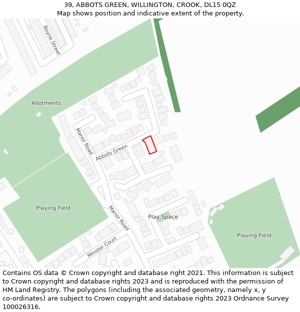 39, ABBOTS GREEN, WILLINGTON, CROOK, DL15 0QZ: Location map and indicative extent of plot