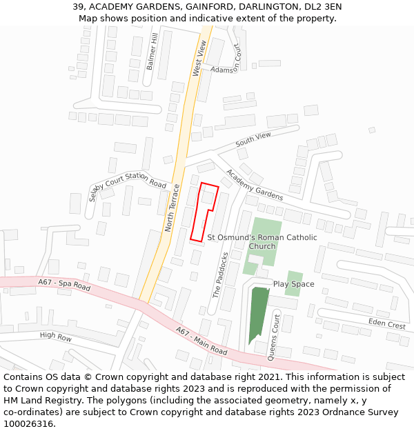 39, ACADEMY GARDENS, GAINFORD, DARLINGTON, DL2 3EN: Location map and indicative extent of plot