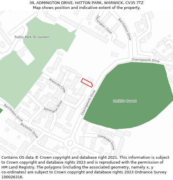 39, ADMINGTON DRIVE, HATTON PARK, WARWICK, CV35 7TZ: Location map and indicative extent of plot