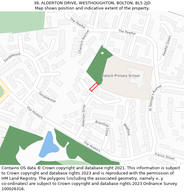 39, ALDERTON DRIVE, WESTHOUGHTON, BOLTON, BL5 2JD: Location map and indicative extent of plot