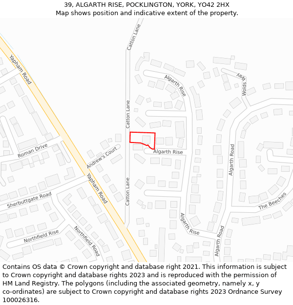 39, ALGARTH RISE, POCKLINGTON, YORK, YO42 2HX: Location map and indicative extent of plot