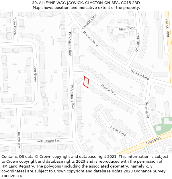 39, ALLEYNE WAY, JAYWICK, CLACTON-ON-SEA, CO15 2RD: Location map and indicative extent of plot