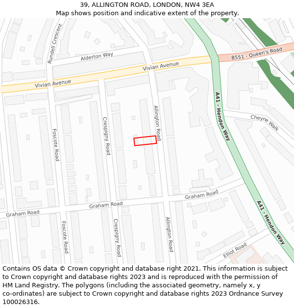 39, ALLINGTON ROAD, LONDON, NW4 3EA: Location map and indicative extent of plot