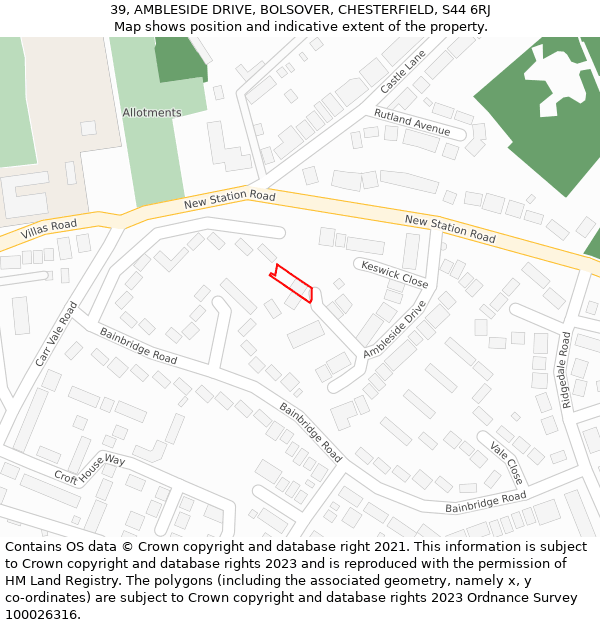 39, AMBLESIDE DRIVE, BOLSOVER, CHESTERFIELD, S44 6RJ: Location map and indicative extent of plot