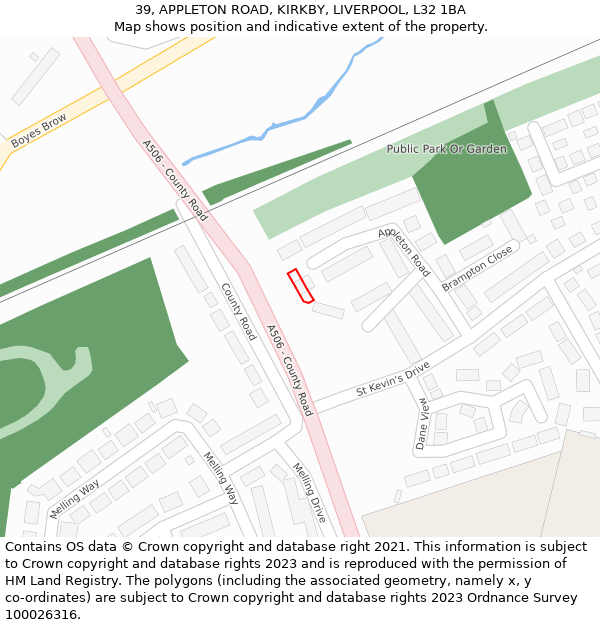 39, APPLETON ROAD, KIRKBY, LIVERPOOL, L32 1BA: Location map and indicative extent of plot