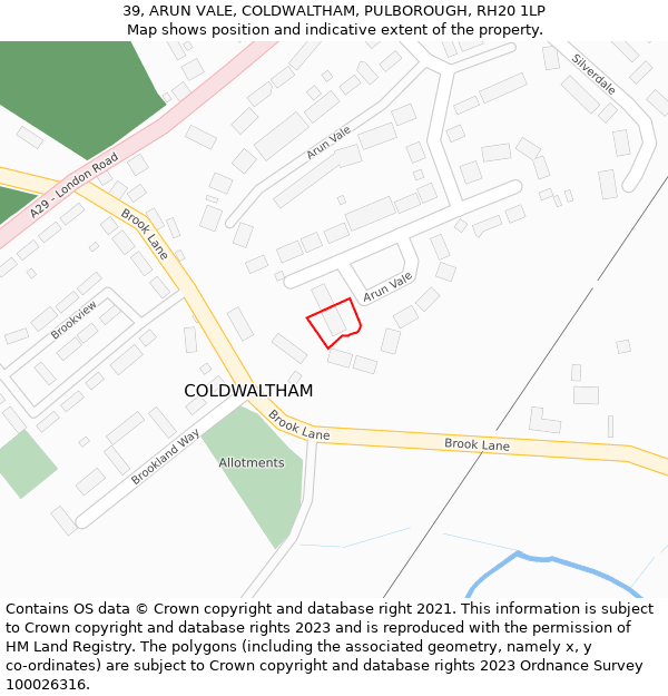 39, ARUN VALE, COLDWALTHAM, PULBOROUGH, RH20 1LP: Location map and indicative extent of plot