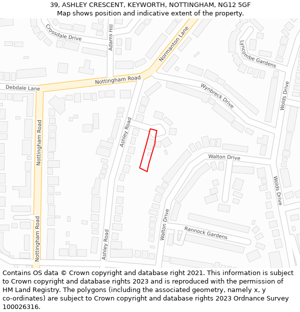 39, ASHLEY CRESCENT, KEYWORTH, NOTTINGHAM, NG12 5GF: Location map and indicative extent of plot