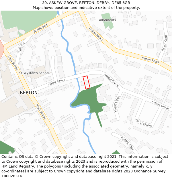 39, ASKEW GROVE, REPTON, DERBY, DE65 6GR: Location map and indicative extent of plot