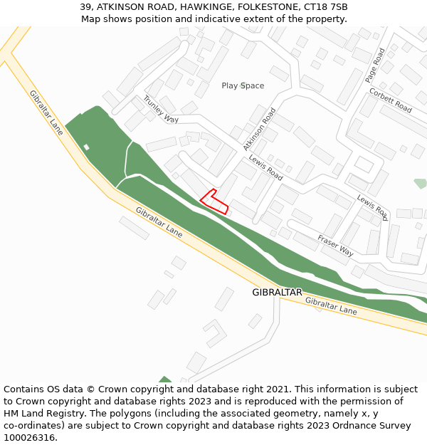 39, ATKINSON ROAD, HAWKINGE, FOLKESTONE, CT18 7SB: Location map and indicative extent of plot