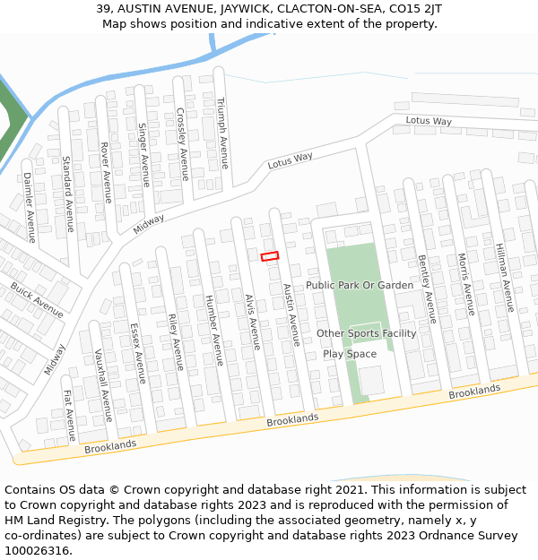 39, AUSTIN AVENUE, JAYWICK, CLACTON-ON-SEA, CO15 2JT: Location map and indicative extent of plot