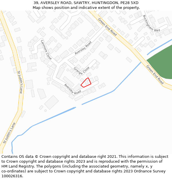 39, AVERSLEY ROAD, SAWTRY, HUNTINGDON, PE28 5XD: Location map and indicative extent of plot