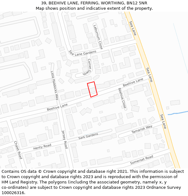 39, BEEHIVE LANE, FERRING, WORTHING, BN12 5NR: Location map and indicative extent of plot
