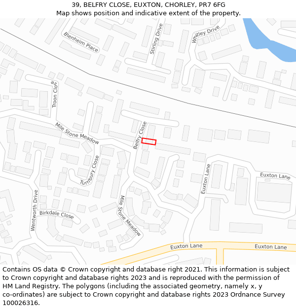 39, BELFRY CLOSE, EUXTON, CHORLEY, PR7 6FG: Location map and indicative extent of plot