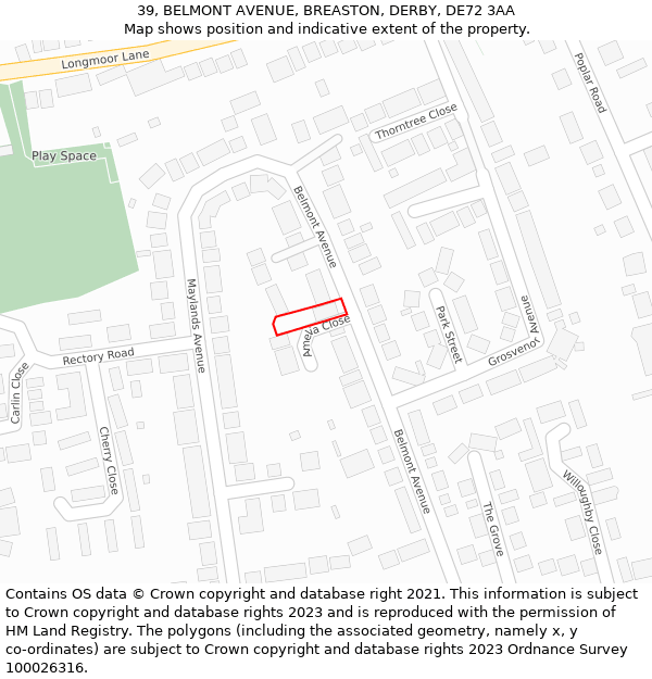 39, BELMONT AVENUE, BREASTON, DERBY, DE72 3AA: Location map and indicative extent of plot