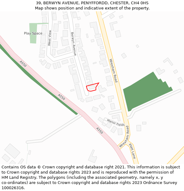 39, BERWYN AVENUE, PENYFFORDD, CHESTER, CH4 0HS: Location map and indicative extent of plot