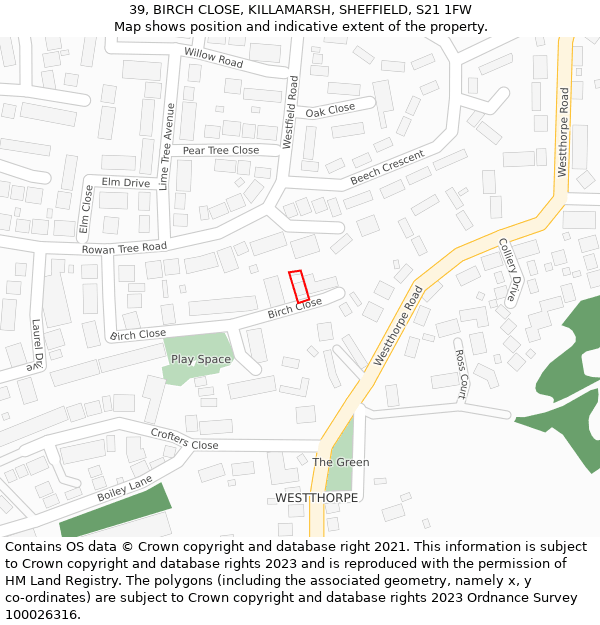 39, BIRCH CLOSE, KILLAMARSH, SHEFFIELD, S21 1FW: Location map and indicative extent of plot