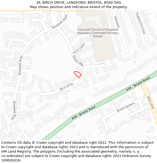 39, BIRCH DRIVE, LANGFORD, BRISTOL, BS40 5HG: Location map and indicative extent of plot