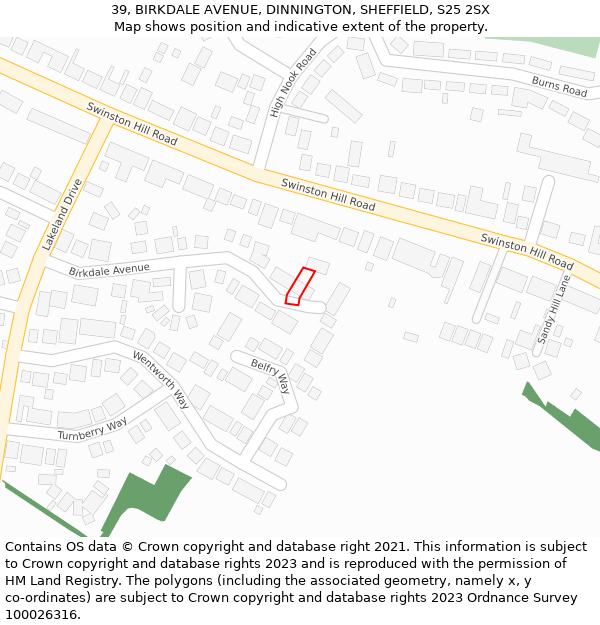 39, BIRKDALE AVENUE, DINNINGTON, SHEFFIELD, S25 2SX: Location map and indicative extent of plot