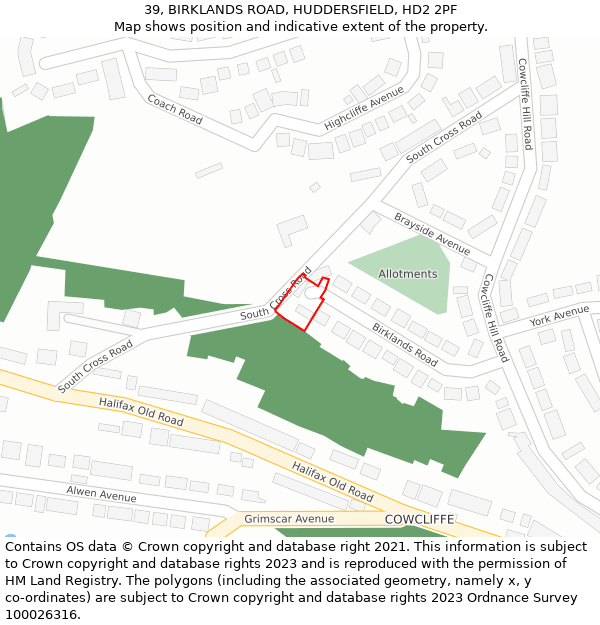 39, BIRKLANDS ROAD, HUDDERSFIELD, HD2 2PF: Location map and indicative extent of plot