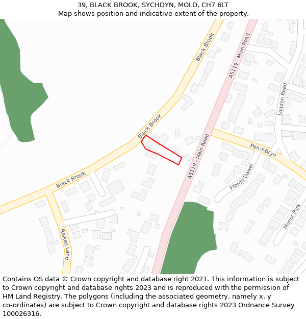 39, BLACK BROOK, SYCHDYN, MOLD, CH7 6LT: Location map and indicative extent of plot