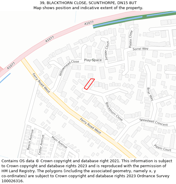 39, BLACKTHORN CLOSE, SCUNTHORPE, DN15 8UT: Location map and indicative extent of plot