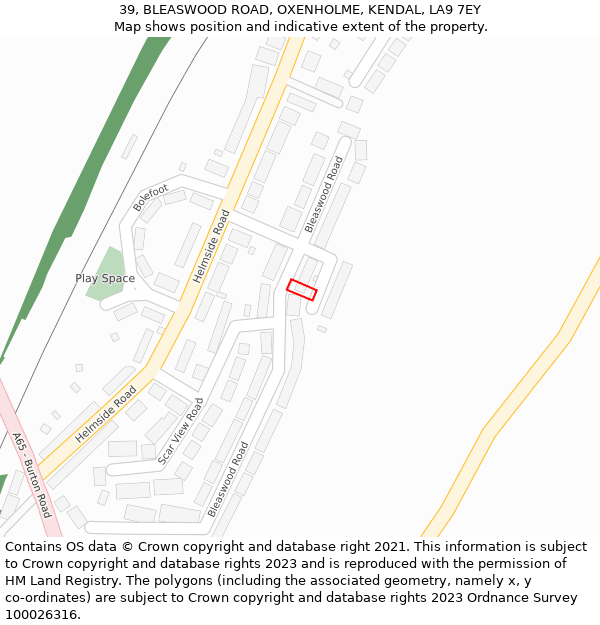 39, BLEASWOOD ROAD, OXENHOLME, KENDAL, LA9 7EY: Location map and indicative extent of plot