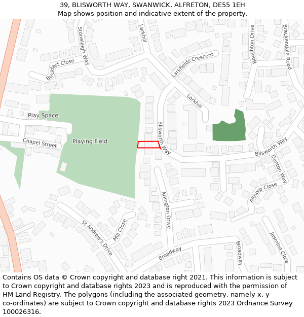 39, BLISWORTH WAY, SWANWICK, ALFRETON, DE55 1EH: Location map and indicative extent of plot