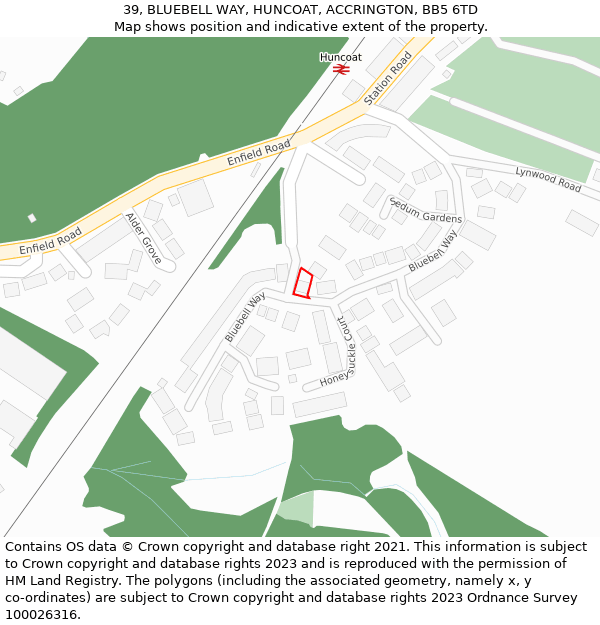 39, BLUEBELL WAY, HUNCOAT, ACCRINGTON, BB5 6TD: Location map and indicative extent of plot