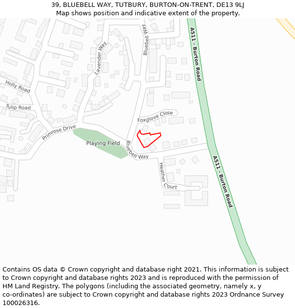 39, BLUEBELL WAY, TUTBURY, BURTON-ON-TRENT, DE13 9LJ: Location map and indicative extent of plot