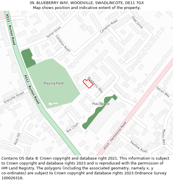 39, BLUEBERRY WAY, WOODVILLE, SWADLINCOTE, DE11 7GX: Location map and indicative extent of plot