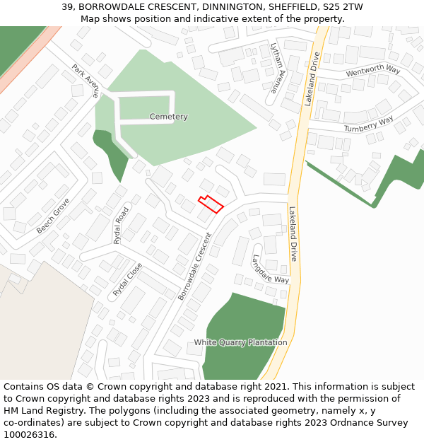 39, BORROWDALE CRESCENT, DINNINGTON, SHEFFIELD, S25 2TW: Location map and indicative extent of plot