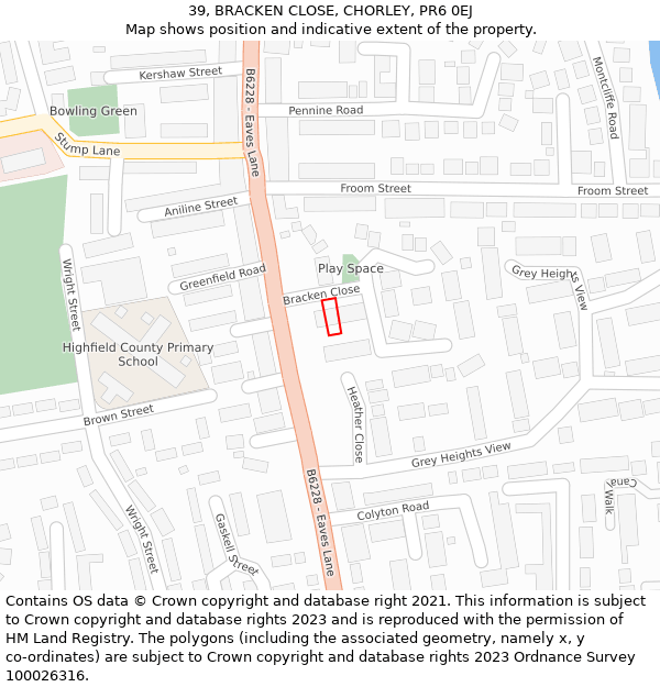 39, BRACKEN CLOSE, CHORLEY, PR6 0EJ: Location map and indicative extent of plot