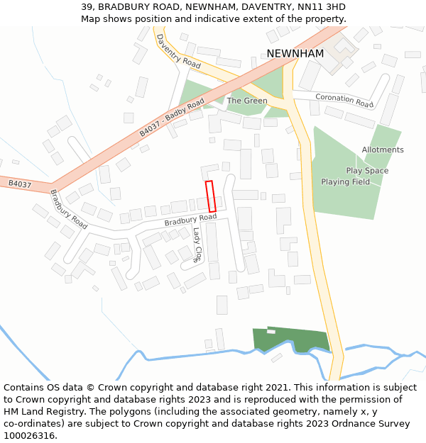 39, BRADBURY ROAD, NEWNHAM, DAVENTRY, NN11 3HD: Location map and indicative extent of plot