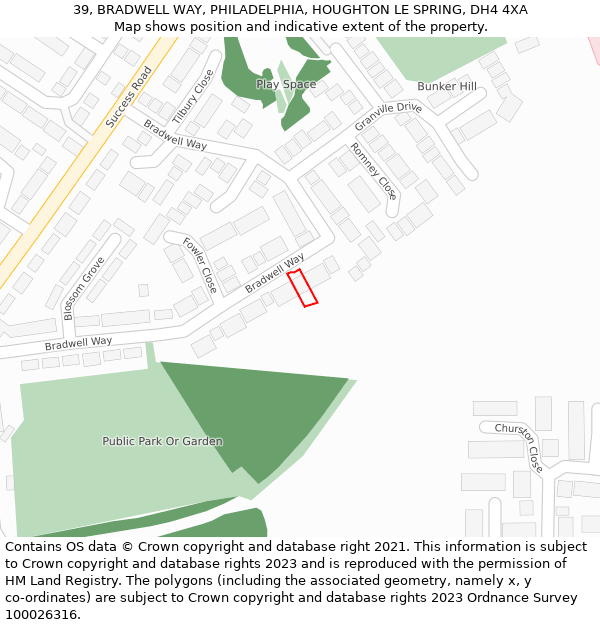 39, BRADWELL WAY, PHILADELPHIA, HOUGHTON LE SPRING, DH4 4XA: Location map and indicative extent of plot