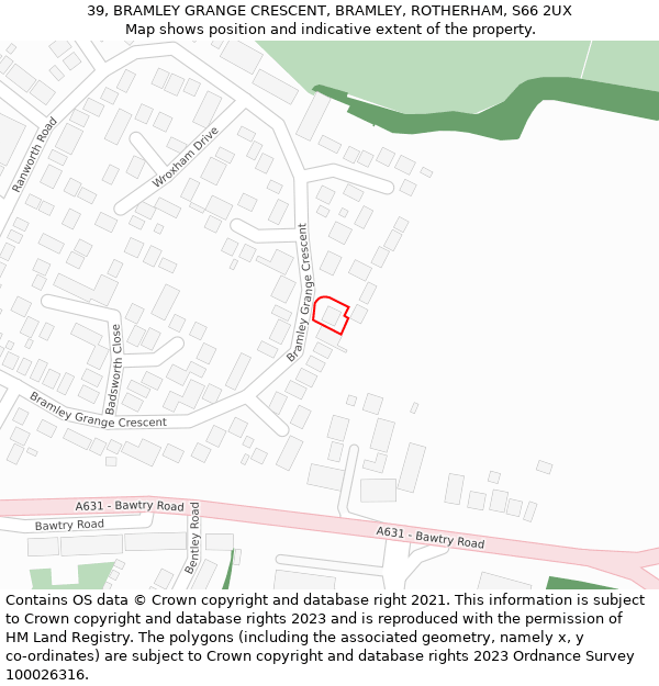 39, BRAMLEY GRANGE CRESCENT, BRAMLEY, ROTHERHAM, S66 2UX: Location map and indicative extent of plot