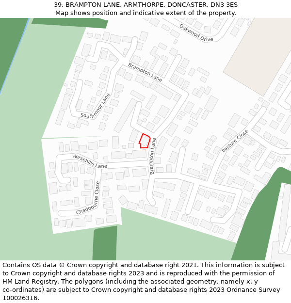 39, BRAMPTON LANE, ARMTHORPE, DONCASTER, DN3 3ES: Location map and indicative extent of plot