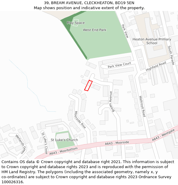 39, BREAM AVENUE, CLECKHEATON, BD19 5EN: Location map and indicative extent of plot