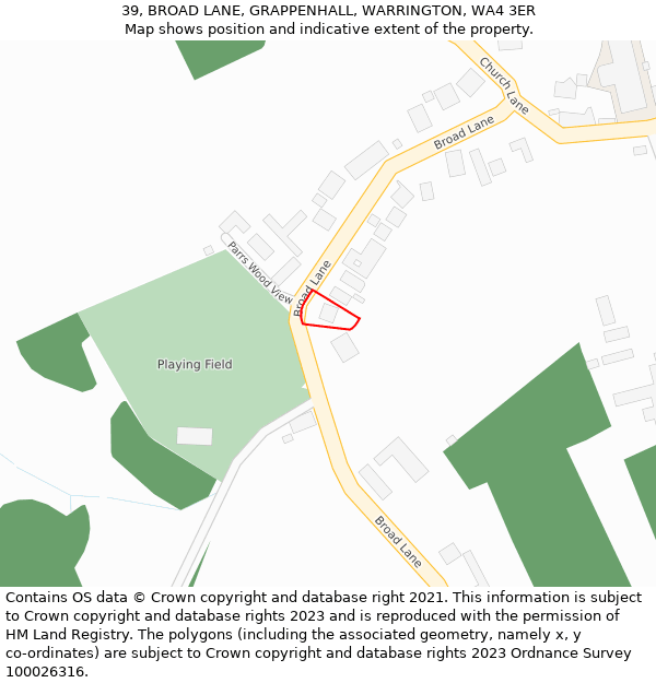 39, BROAD LANE, GRAPPENHALL, WARRINGTON, WA4 3ER: Location map and indicative extent of plot