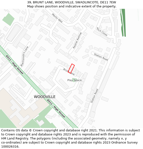 39, BRUNT LANE, WOODVILLE, SWADLINCOTE, DE11 7EW: Location map and indicative extent of plot