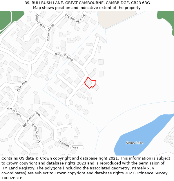 39, BULLRUSH LANE, GREAT CAMBOURNE, CAMBRIDGE, CB23 6BG: Location map and indicative extent of plot