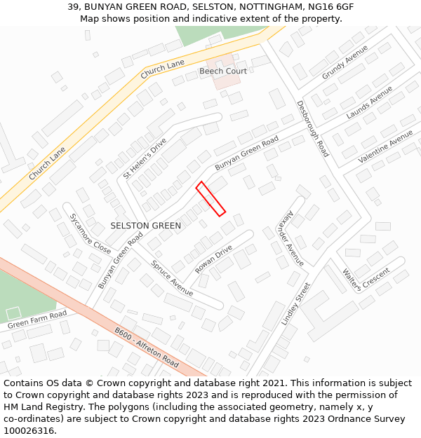 39, BUNYAN GREEN ROAD, SELSTON, NOTTINGHAM, NG16 6GF: Location map and indicative extent of plot